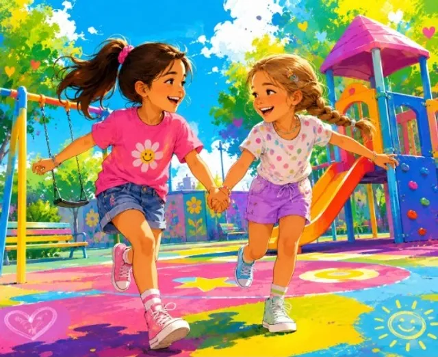 Ilustración de dos niñas cogidas de la mano jugando en un parque infantil