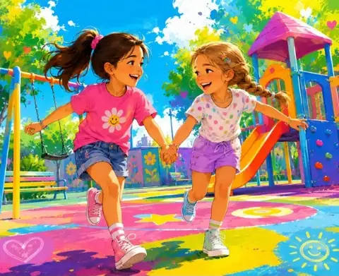 Ilustración de dos niñas cogidas de la mano jugando en un parque infantil