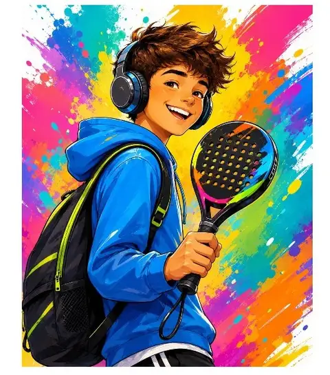 Ilustración de un adolescente sonriente con auriculares y una pala de pádel