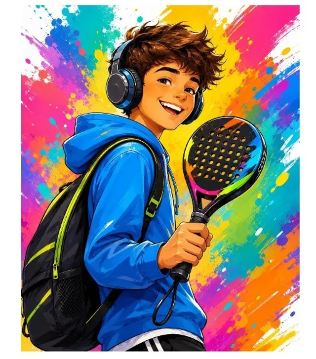 Ilustración de un adolescente sonriente con auriculares y una pala de pádel