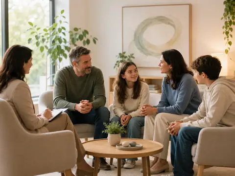Familia de cuatro personas conversando con una terapeuta en un salón acogedor, con piedras apiladas sobre la mesa de centro