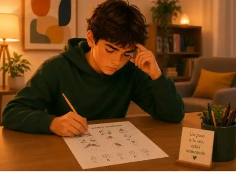 Adolescente resolviendo una prueba de razonamiento en una mesa de trabajo